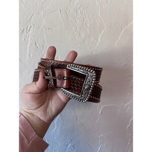 Ariat Mens‎ Brown Tooled Leather Western Belt Silver Buckle Conchos Sz 38